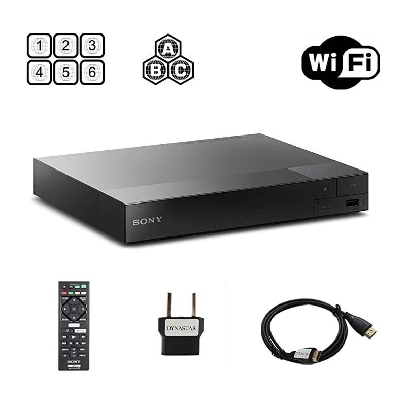 Sony BDP-S3700 Region Free Blu-ray Player, Multi Region Smart WiFi 110-240 Volts, 6FT HDMI Cable &  Plug Adapter Bundle Package
