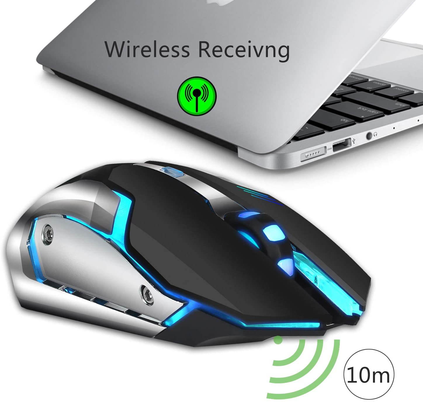 Rechargeable 2.4Ghz Wireless Mouse with USB Receiver, 7 Colors Backlit Gaming Mice for MacBook, Computer PC, Laptop (600Mah Lithium Battery) (Black)