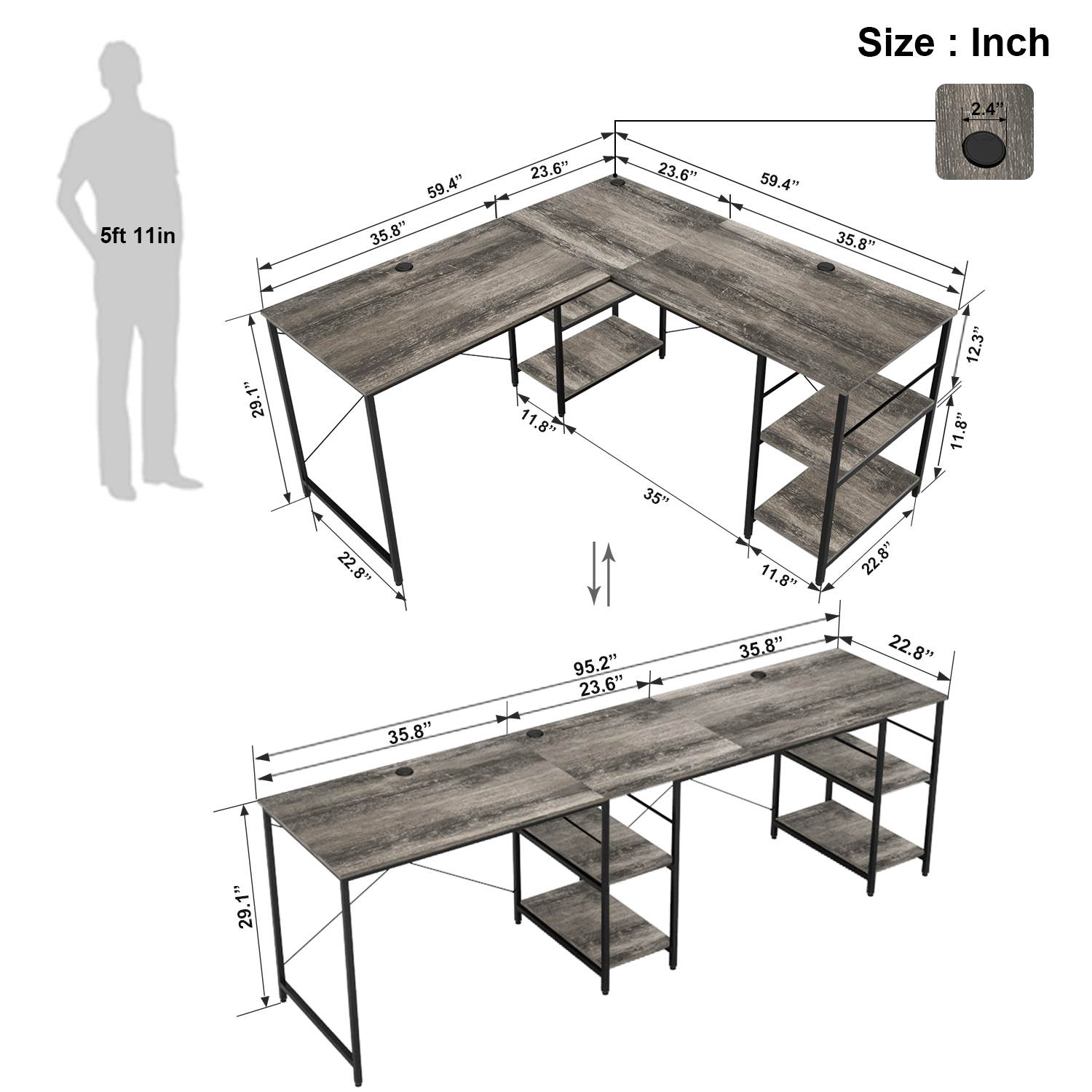 Bestier L Shaped Desk with Shelves 95.2 Inch Reversible Corner Computer Desk or 2 Person Long Table for Home Office Large Gaming Writing Storage Workstation P2 Board with 3 Cable Holes, Grey Oak
