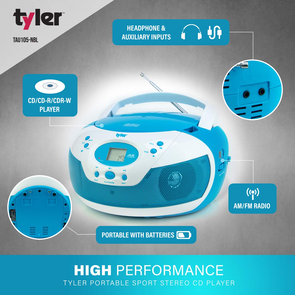 Tyler Portable Neon Blue Stereo CD Player with AM/FM Radio and Aux & Headphone Jack Line-In (TAU105-NBL)