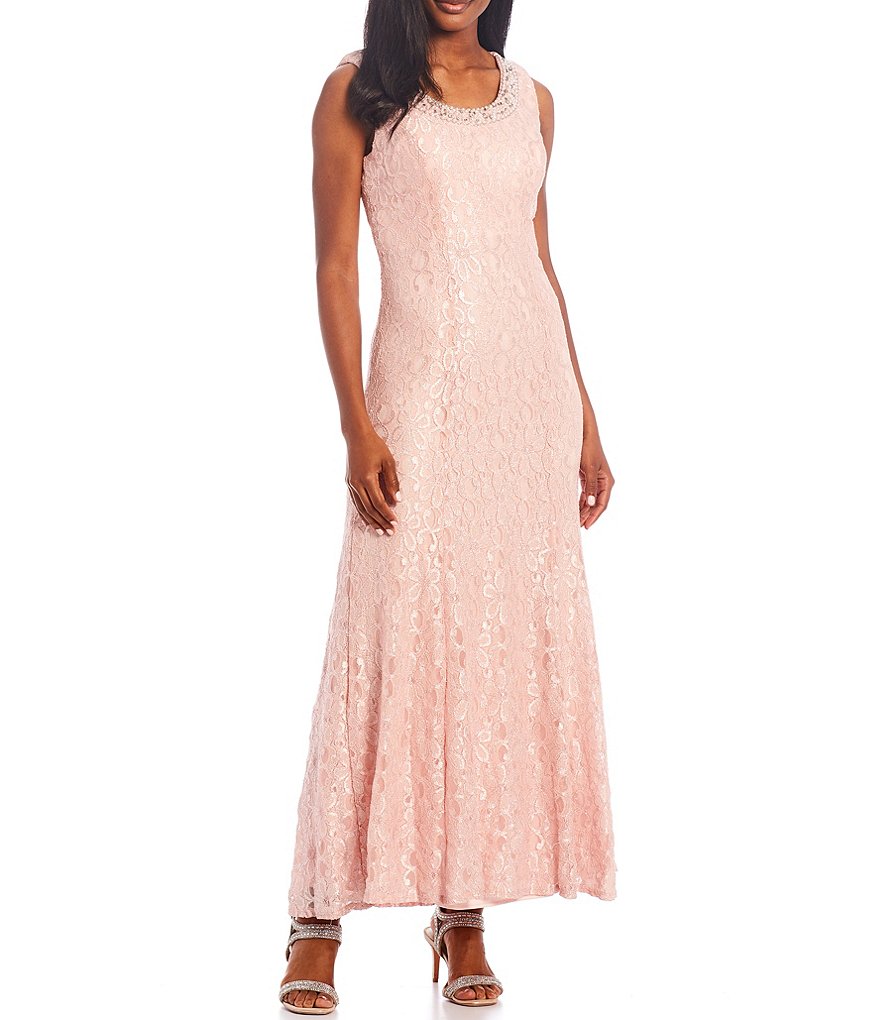 R & M Richards Glitter Lace Beaded Neck 2-Piece Jacket Gown