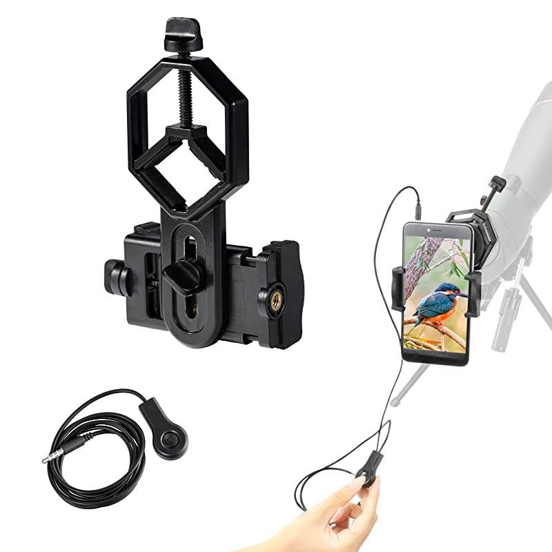 Cell Phone Adapter Mount + Wire Shutter Universal Smartphone Quick Photography Connector with Shutter Wire Control for Telescope Binoculars Monocular Spotting Scope Microscope Tripod