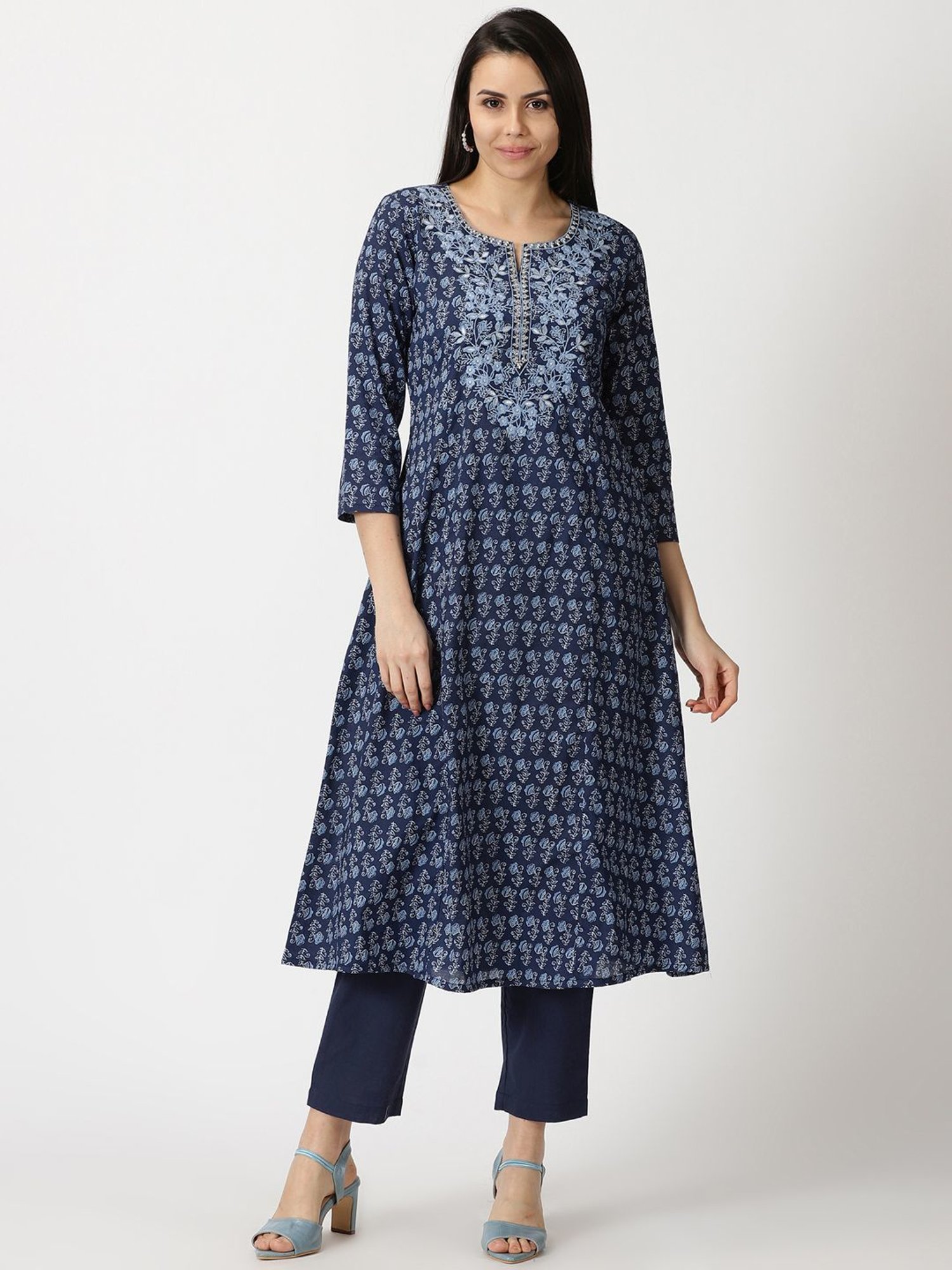 Saffron Threads Blue Cotton Embroidered A Line Kurta
