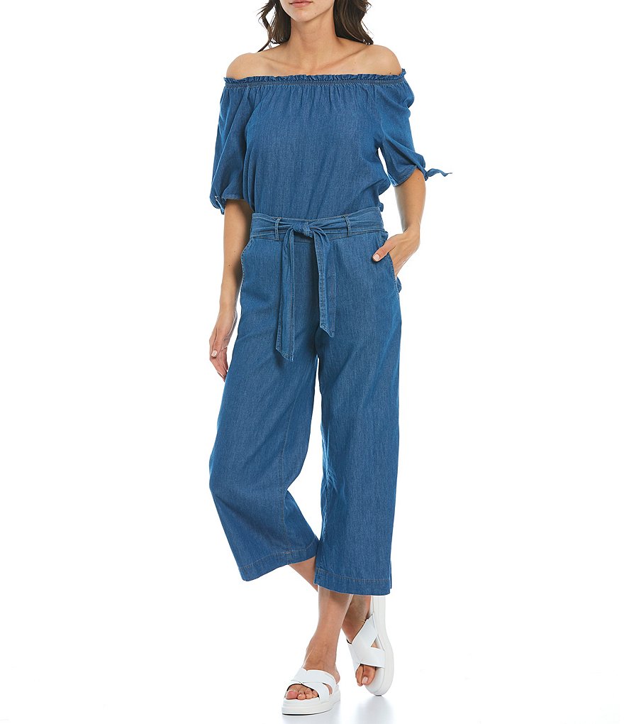 I.N. Studio Denim Short Tie Sleeve Bubble Hem Top