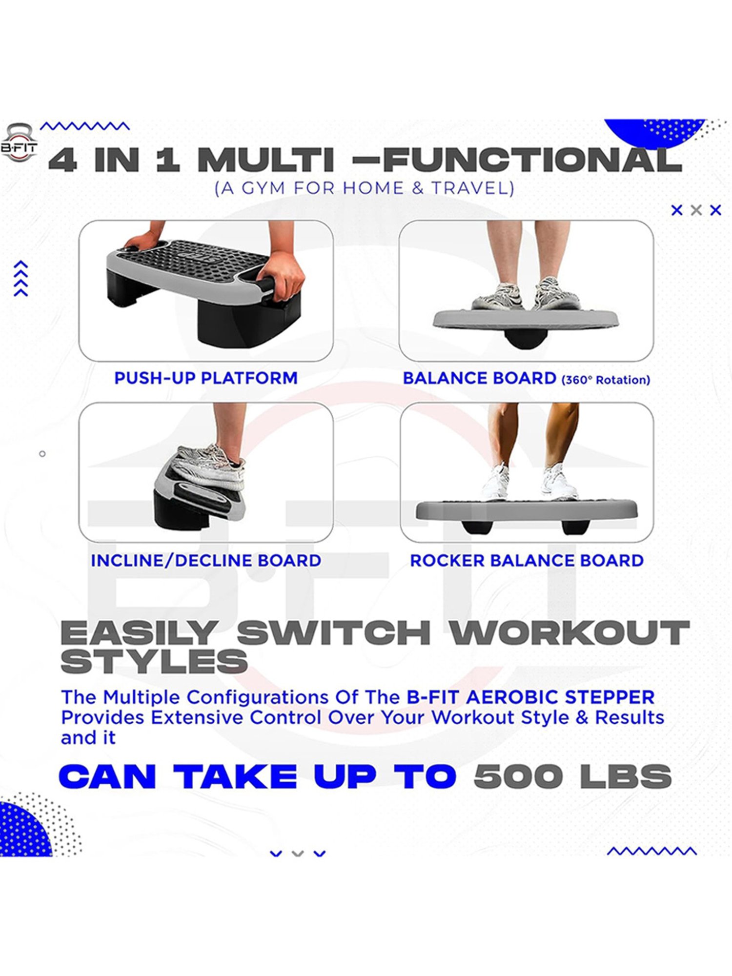 B Fit 4-In-1 Aerobic Step Platform Adjustable Multifunctional Balance Board, Steppers (Grey)