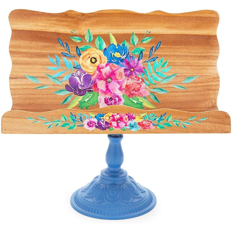 Farmlyn Creek Wood Cookbook and Tablet Holder Stand, Blue Metal Base for Kitchen (14.1 x 13 In)