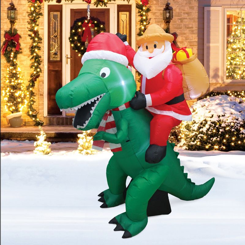 A Holiday Company Heavy Duty 6 Foot Tall Weather Resistant Self Inflatable Blow Up Santa on Dinosaur Christmas Holiday Lawn Decoration w/ LED Lights