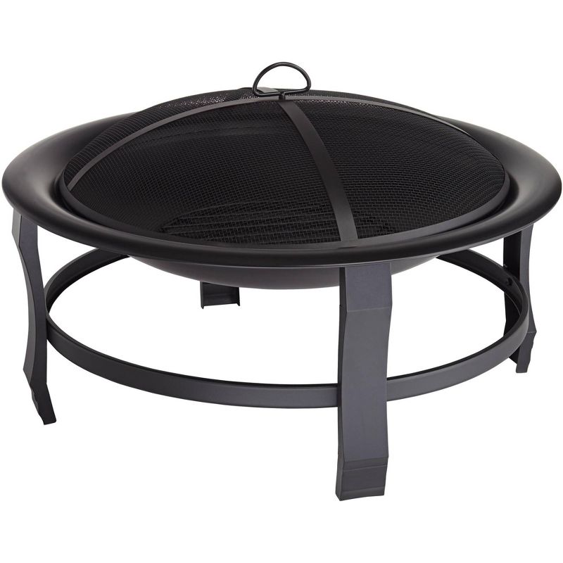 John Timberland Black Outdoor Fire Pit Round 30" Steel Wood Burning with Spark Screen and Fire Poker for Outside Backyard Patio Camping