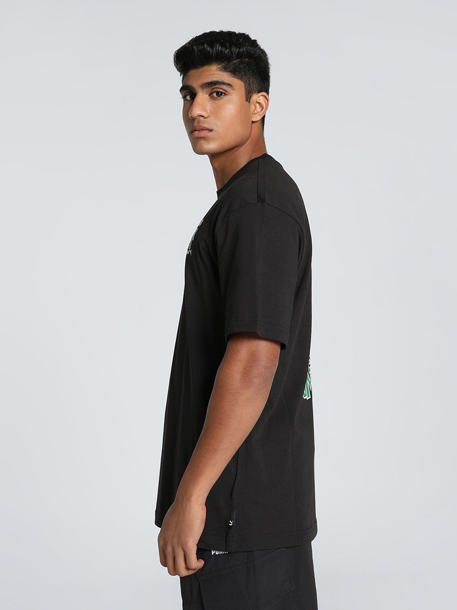Puma Black Cotton Relaxed Fit Printed T-Shirt