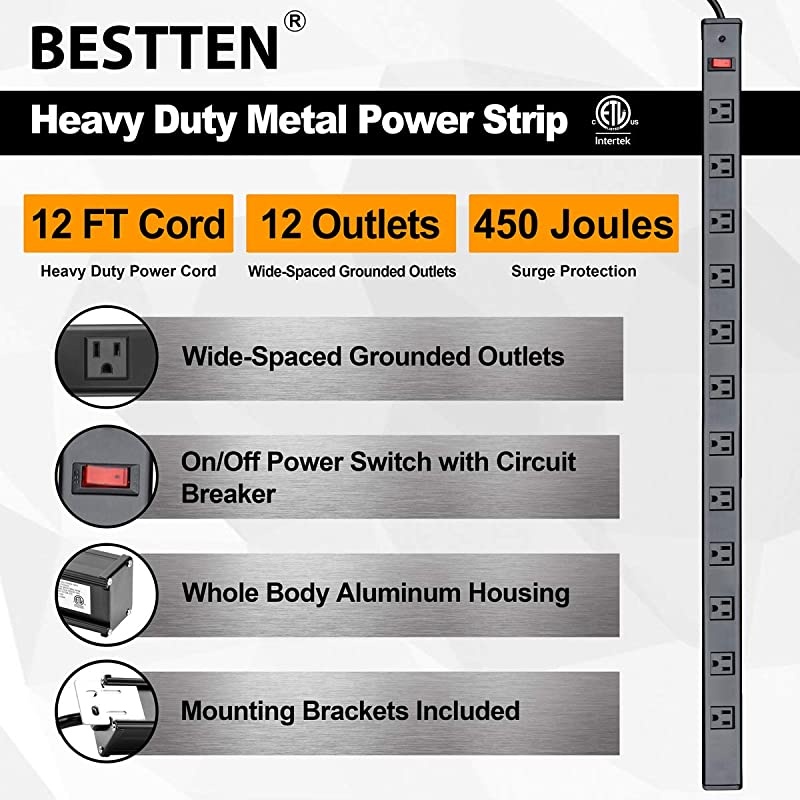 Metal Surge Protector Power Strip 12 WideSpaced Outlets and 12ft Long Extension Cord 450 Joules 15A125V1875W OnOff Circuit Breaker ETL Listed Black