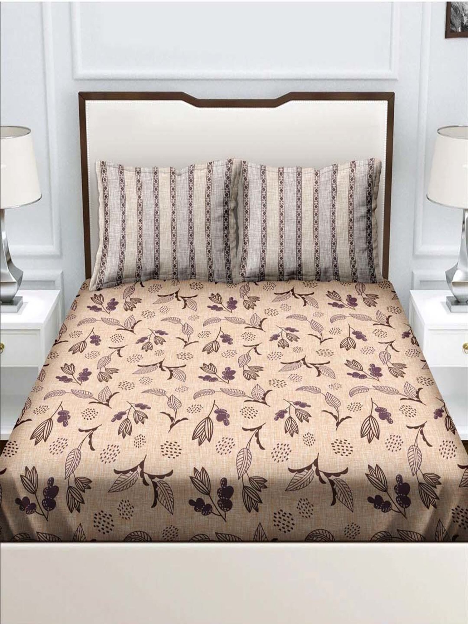 BELLA CASA Genteel Brown Cotton 180 TC King Bedsheet with 2 Pillow Covers