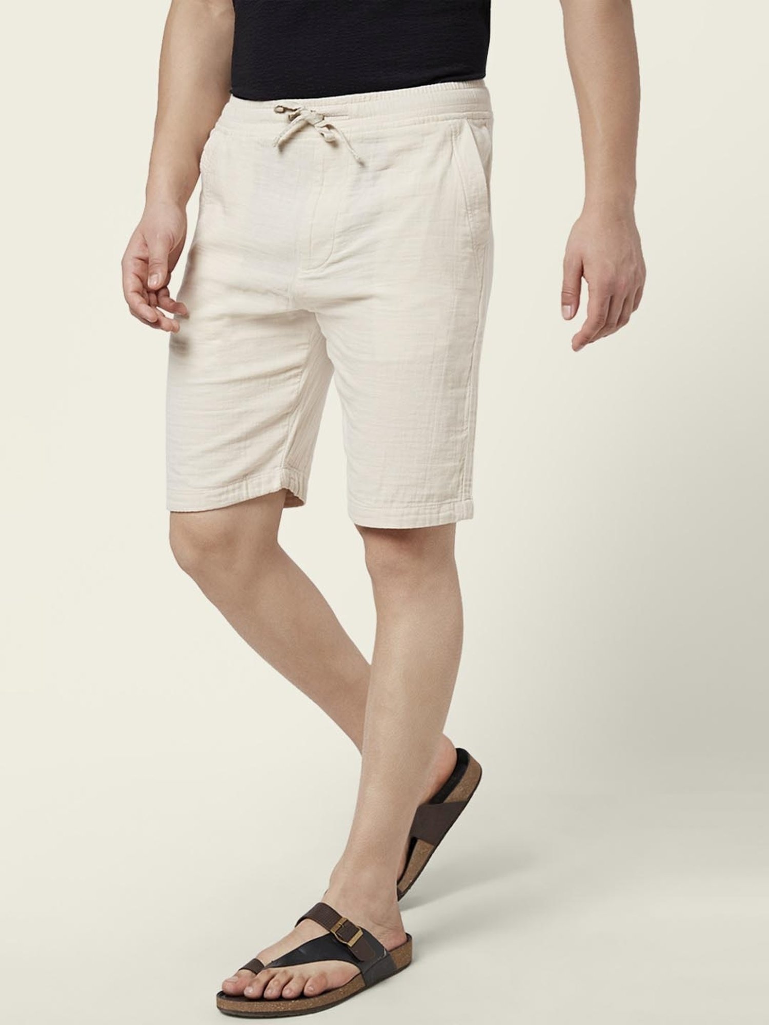 7 Alt By Pantaloons Off White Cotton Slim Fit Texture Shorts