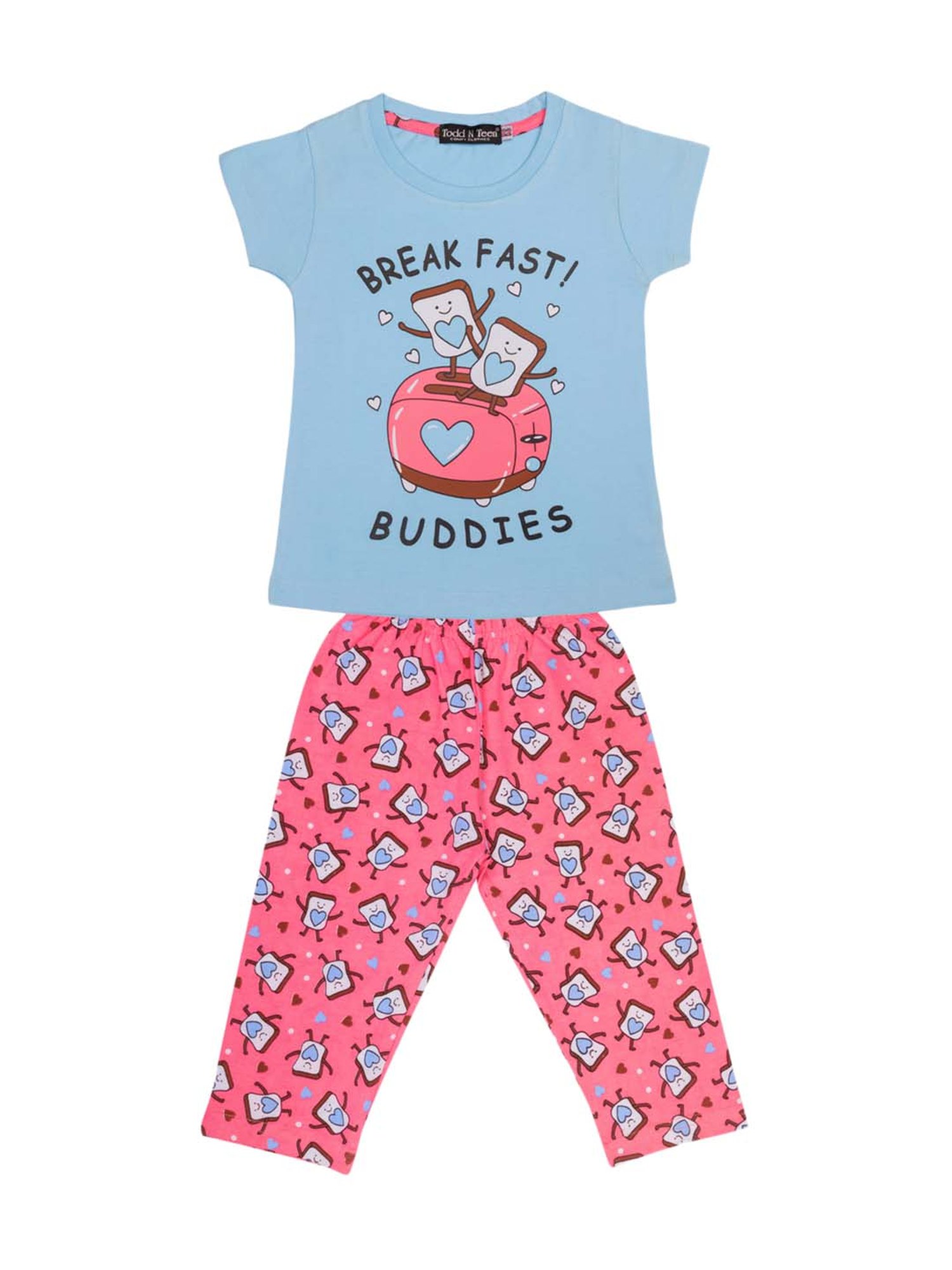 Todd N Teen Kids Pink & Blue Cotton Printed T-Shirt & Capris - Pack of 2