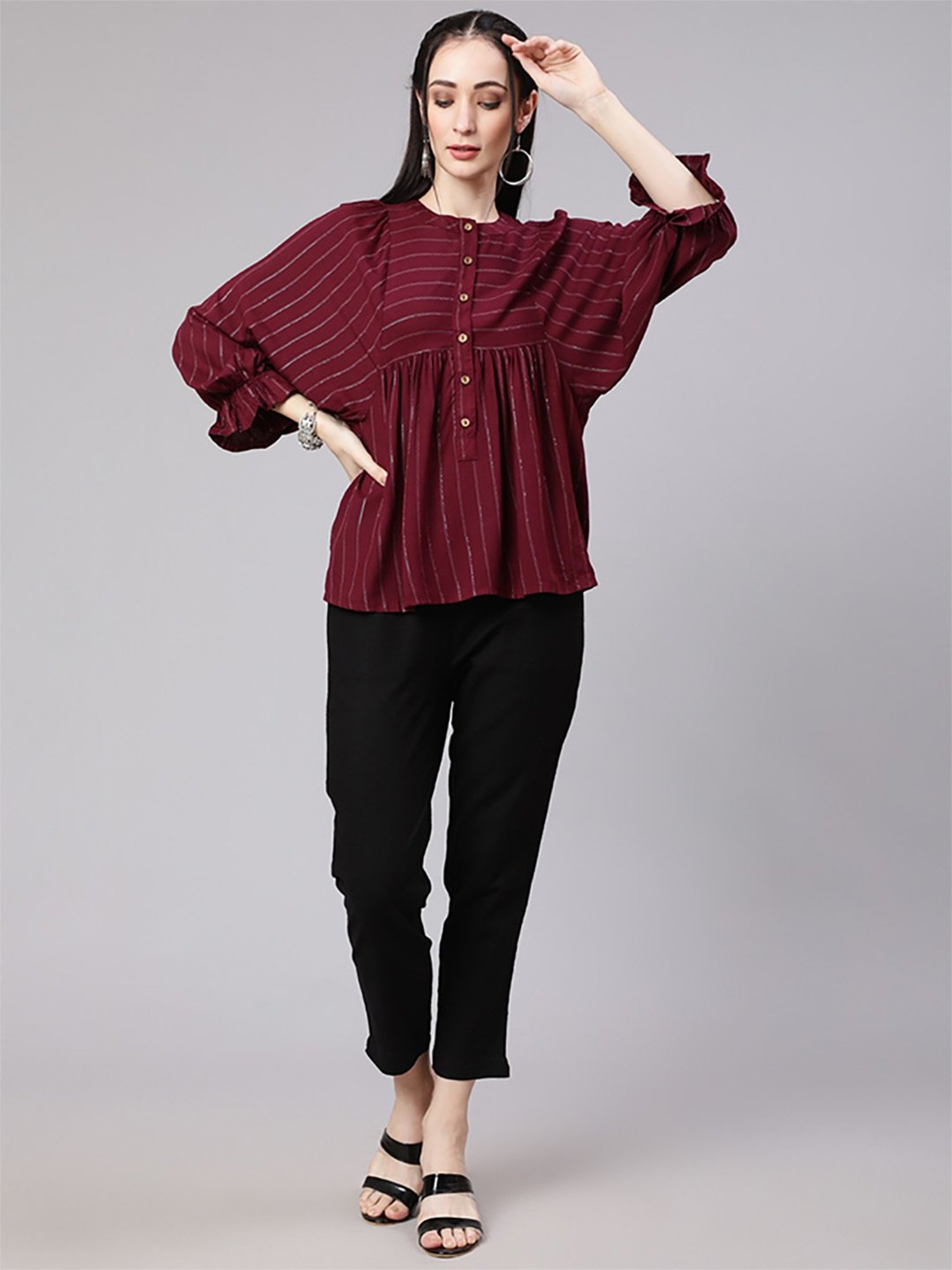 Jaipur Kurti Maroon & Black Striped Top Pant Set