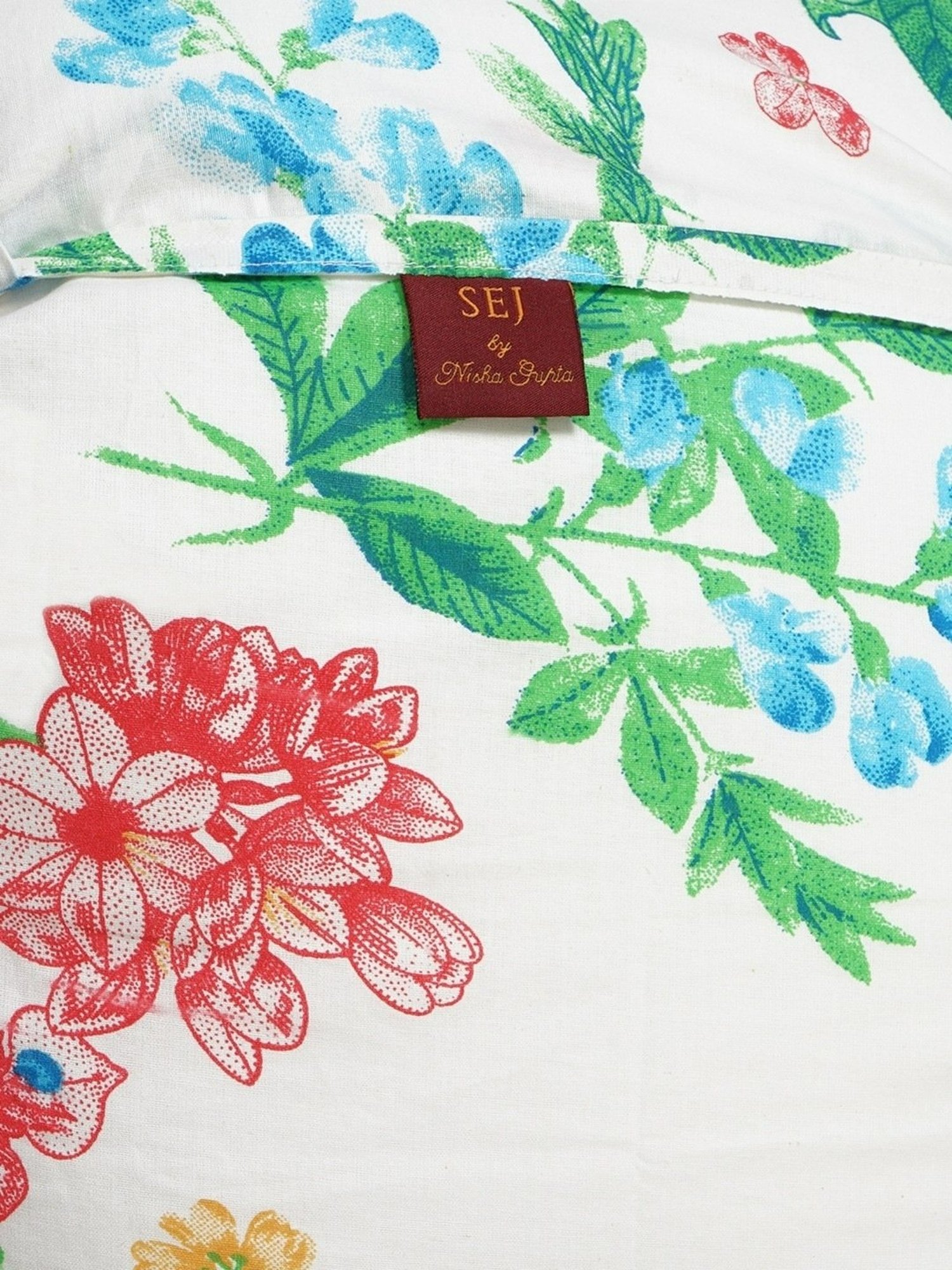 SEJ by Nisha Gupta Floral Blue 160 TC Cotton Double Bed Sheet with 2 Pillow Covers