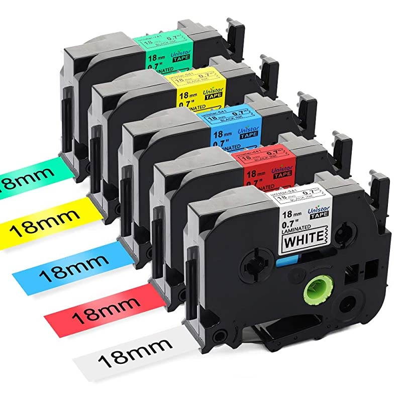 Compatible Label Tape Replacement for Brother Ptouch 18mm 0.7 Inch Tape, TZ Colored Laminated Tape (Black on White/Red/Blue/Yellow/Green) for Ptouch Label Maker D400 D600, 3/4 inch, 5 Pack