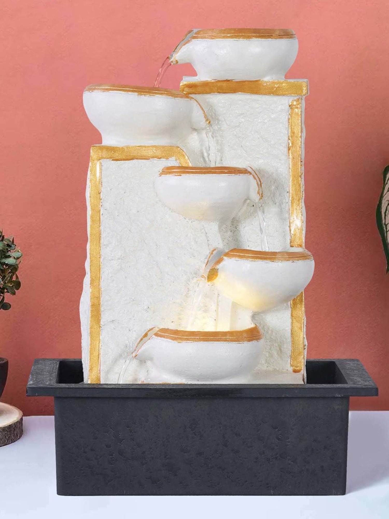 CHRONIKLE Golden & White Polyresin Table Top 5 Diya Steps Waterfall Fountain