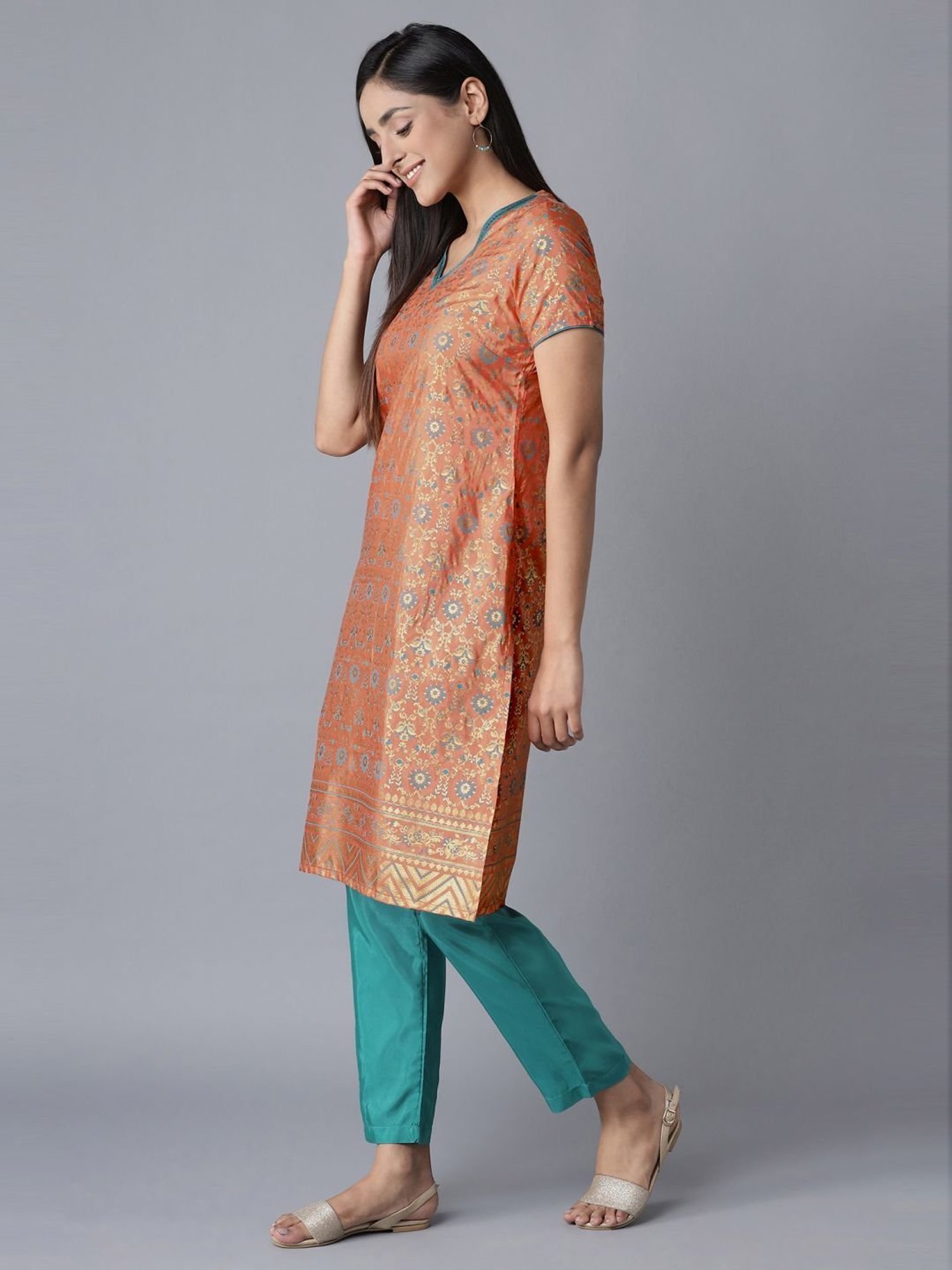 Aure by Aurelia Orange & Green Printed Kurta Pant Set