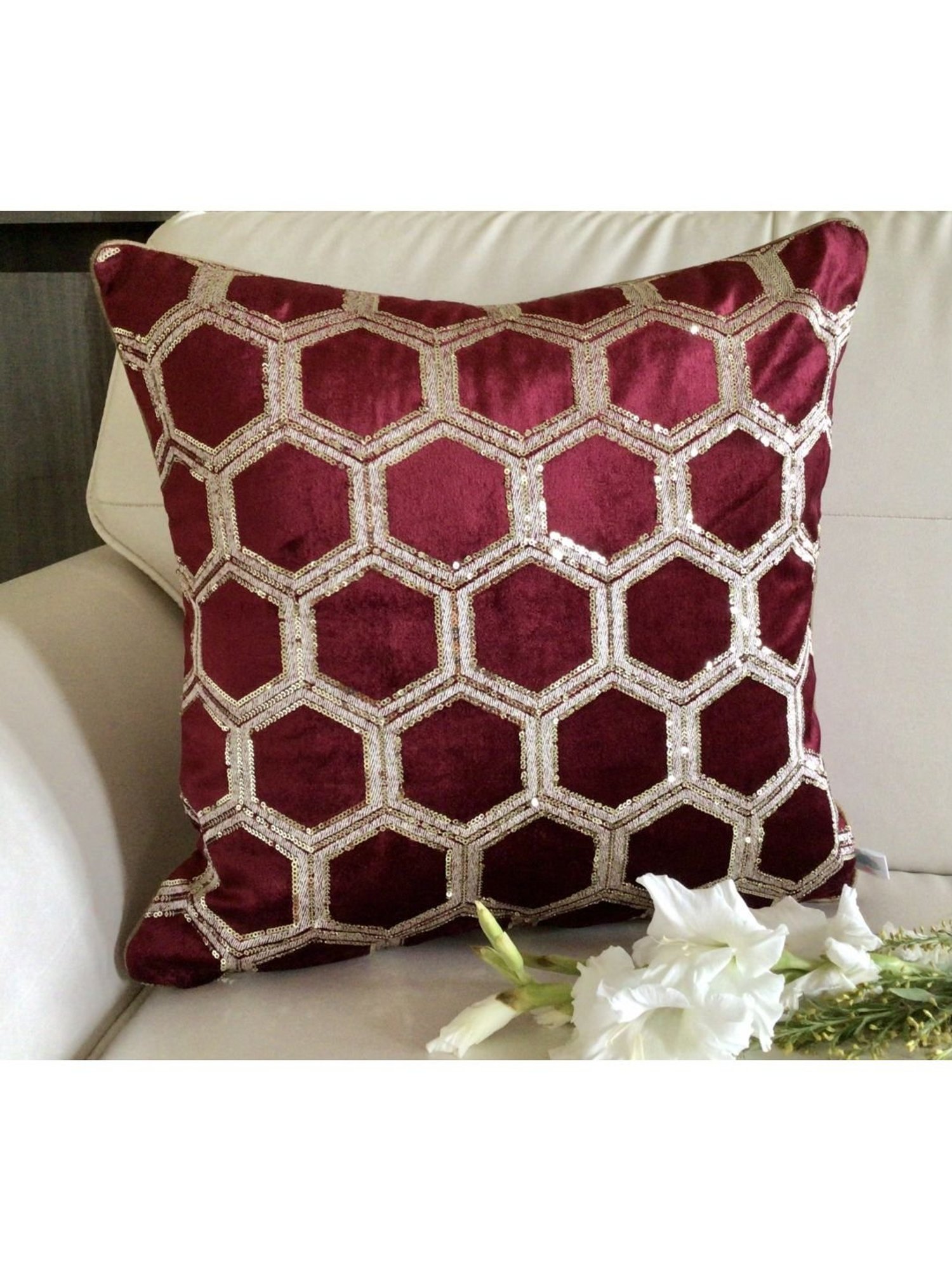 TARA Sparkling Homes Maroon Embroidered Luxury Velvet Cushion Cover - Set of 1