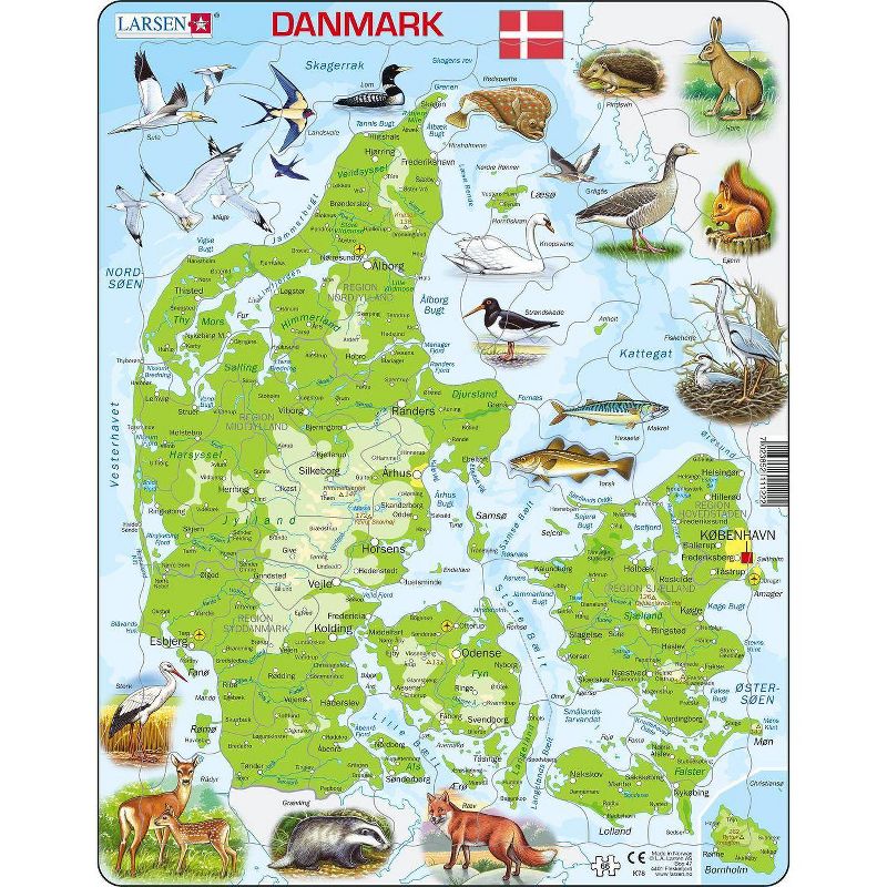 Larsen Puzzles Denmark Map with Animal Kids Jigsaw Puzzle - 66pc