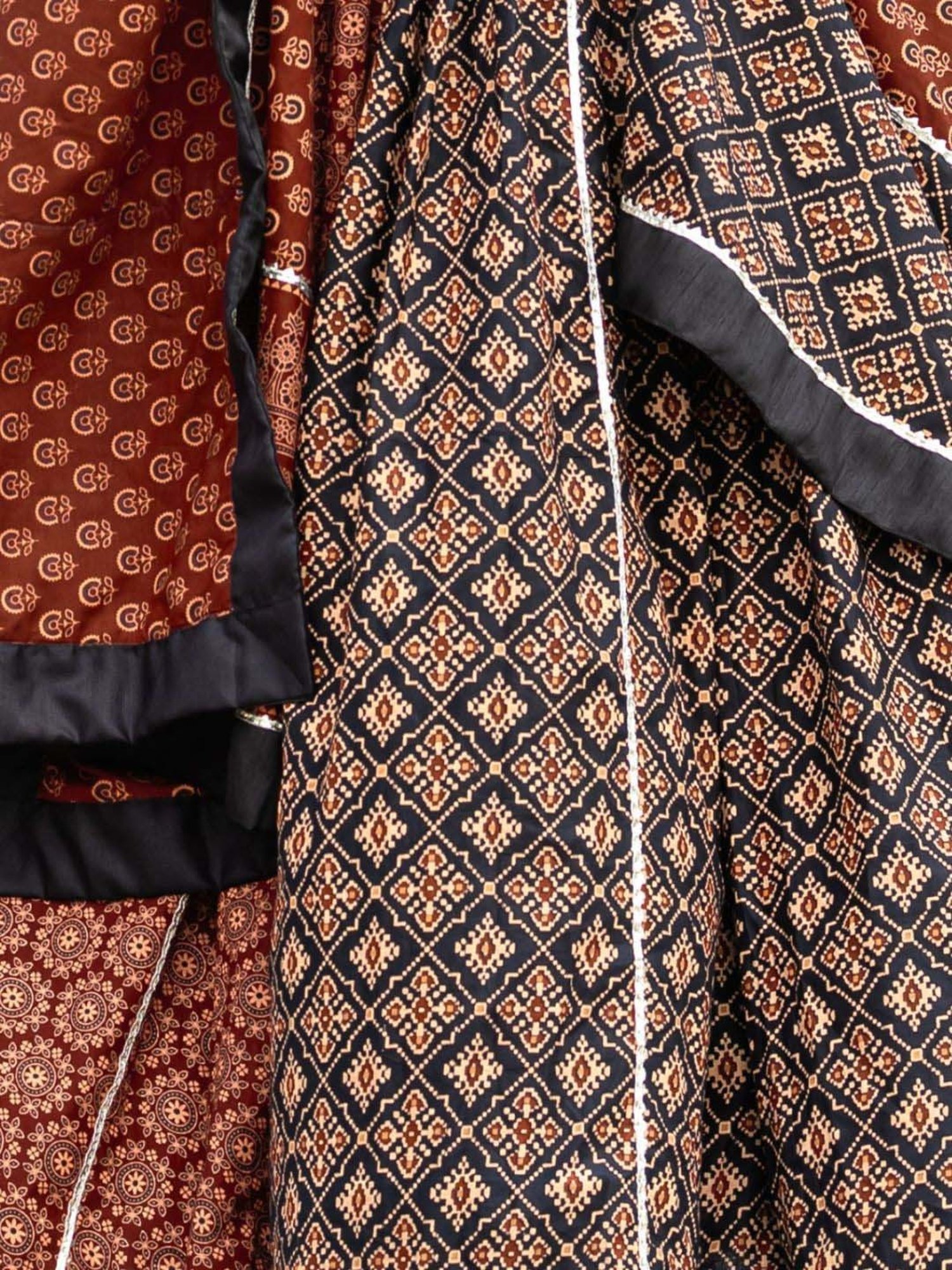 Odette Black & Maroon Cotton Printed Lehenga Choli Set With Dupatta