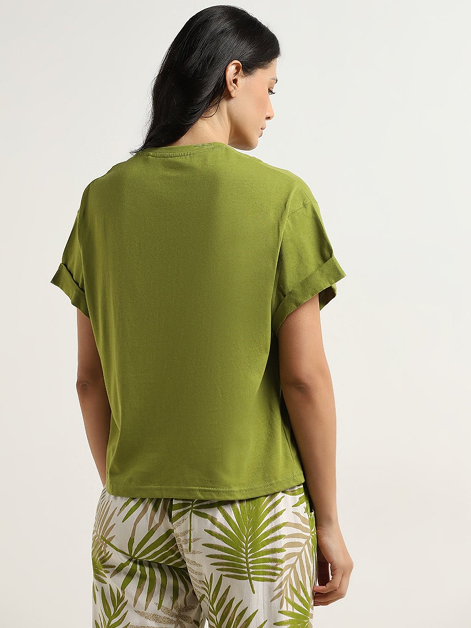 Wunderlove by Westside Light Olive Solid Cotton T-Shirt