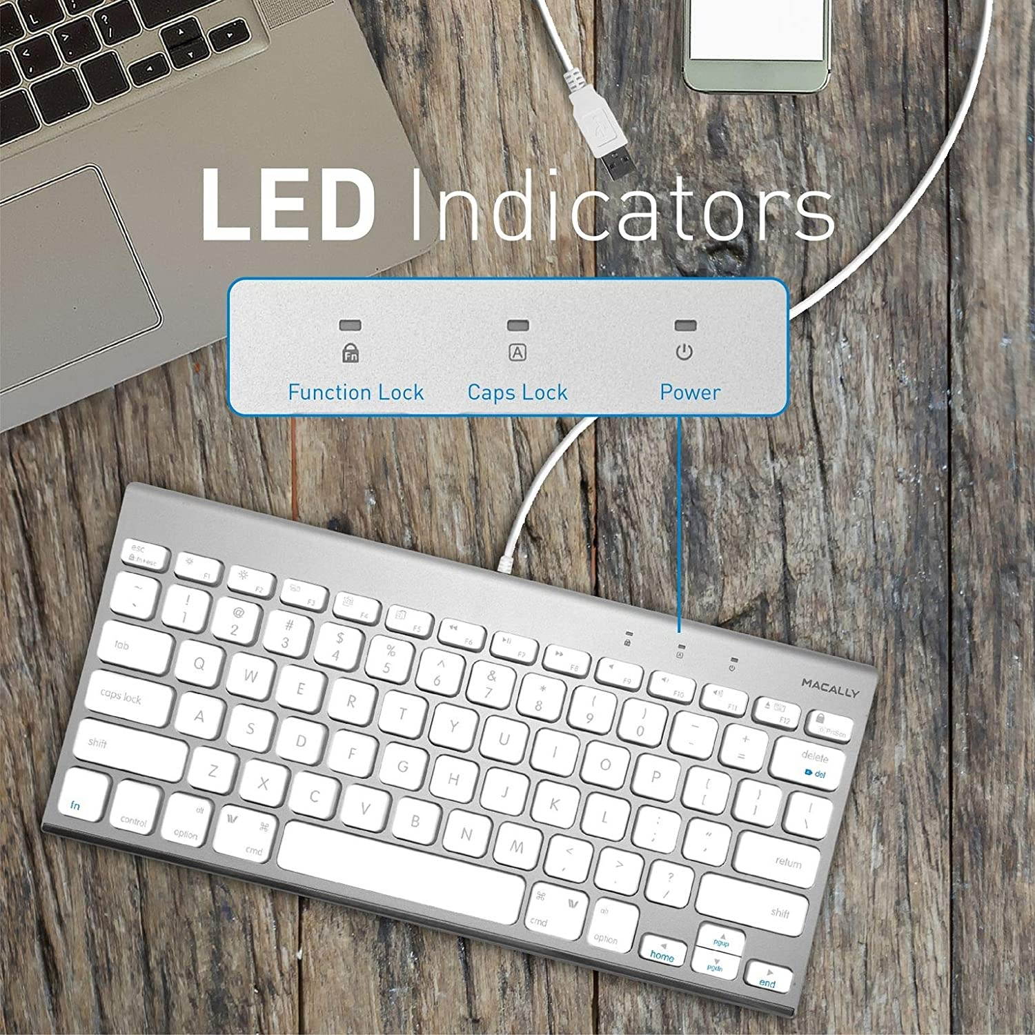 Macally USB Wired Keyboard for Mac and PC - Space Saving Compatible Apple Keyboard with Elegant Small Aluminum Design with 78 Keys, 13 Shortcuts, and LED Indicators - Travel Friendly Portable Keyboard