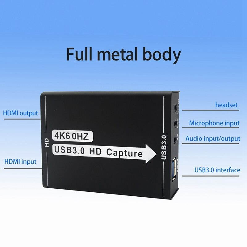 USB3.0 Capture Card, 4K HDMI to USB Driver-Free Game Broadcaster Microphone HD Video 1080P Capture Card