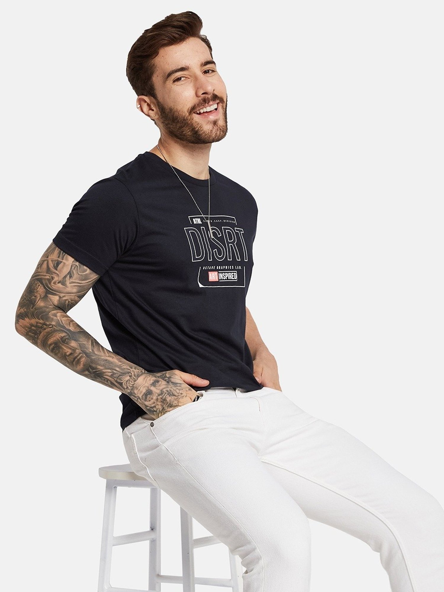 Octave Navy Cotton Regular Fit Printed T-Shirt