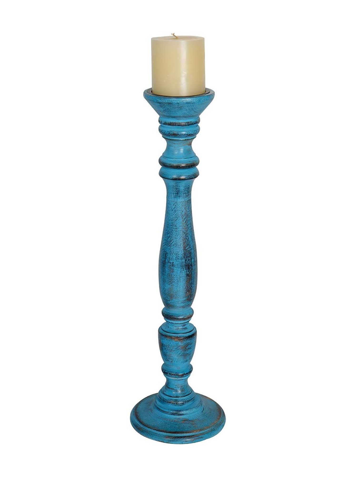 FOS LIGHTING Blue Wood Candle Holder without Candle - Set of 1