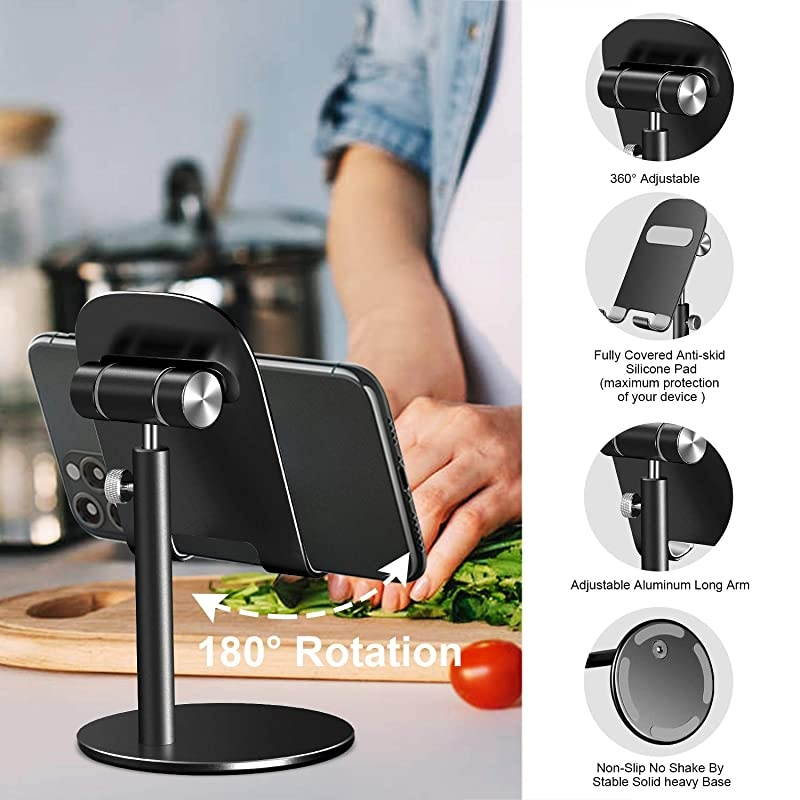 Cell Phone Stand, Aluminum iPad Tablet Stand Holder for Desk, Angle Height Adjustable iPhone Stand, Compatible with iPhone iPad Pro, Air, Mini 4 3 2, Kindle, (4-12.9'')-Black