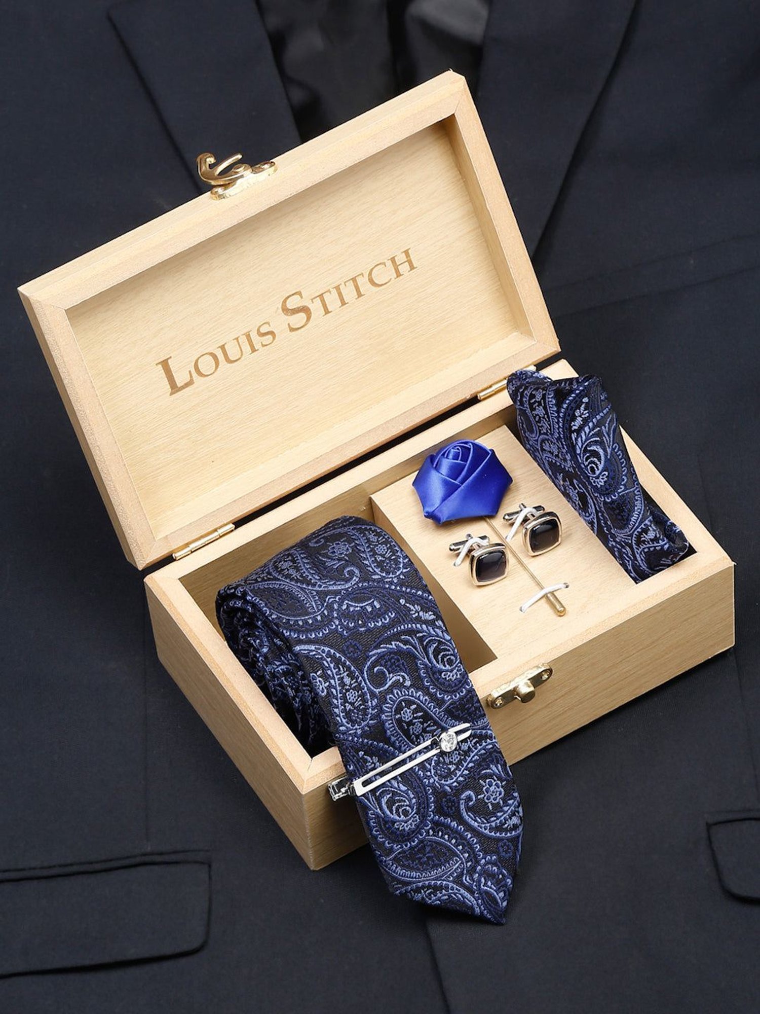 Louis Stitch Blue Embroidered Necktie Gift Set - Set of 5