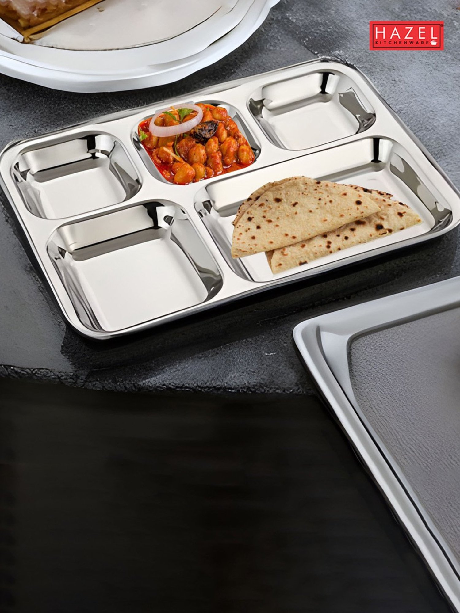 HAZEL Stainless Steel 5 Compartment Mess Plate Rectangle Bhojan Thali with Square Holes
