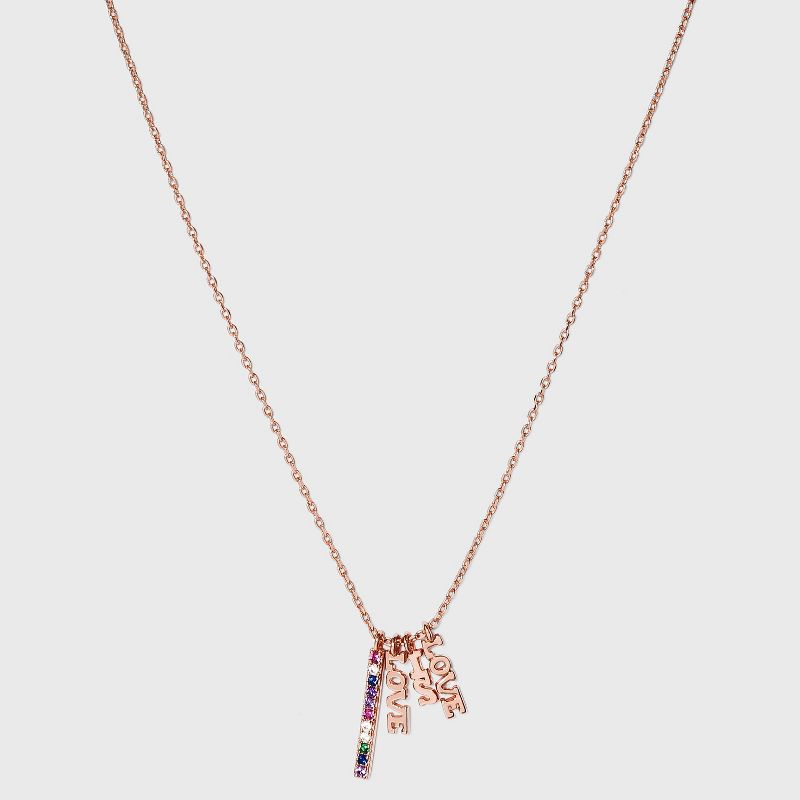 Beloved + Inspired Rose Gold Rainbow with Cubic Zirconia Bar 'Love is Love" Charm Necklace