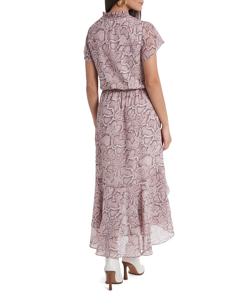 1. STATE Snake Print V-Neck Ruffle Hi-Low Hem Midi Dress