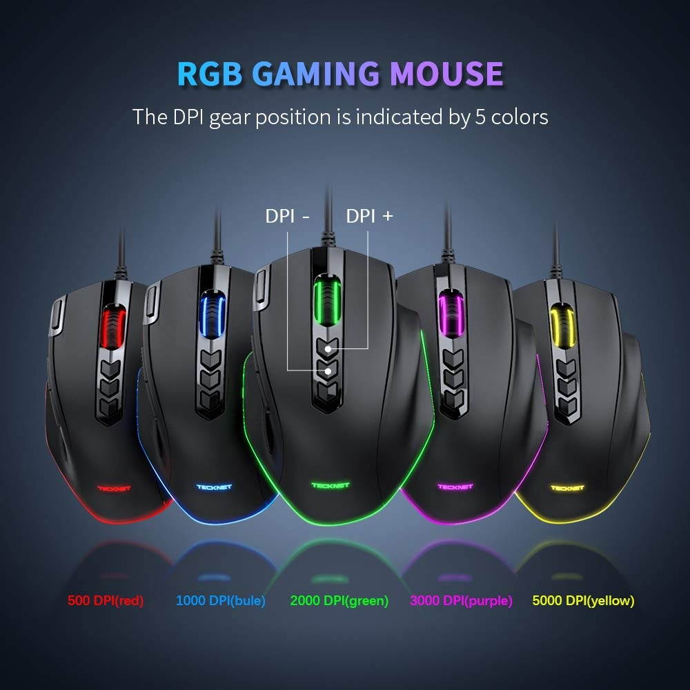 TECKNET Gaming Mouse Wired 10000DPI Breathing Light Ergonomic Gaming Mouse RGB LED Backlit Computer Mice10 Buttons for Windows 7/8/10/XP VistaBlack
