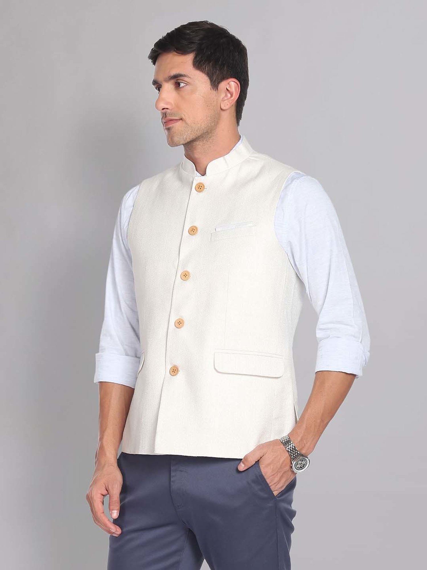 AD by Arvind White Mandarin Collar Self Design Nehru Jacket