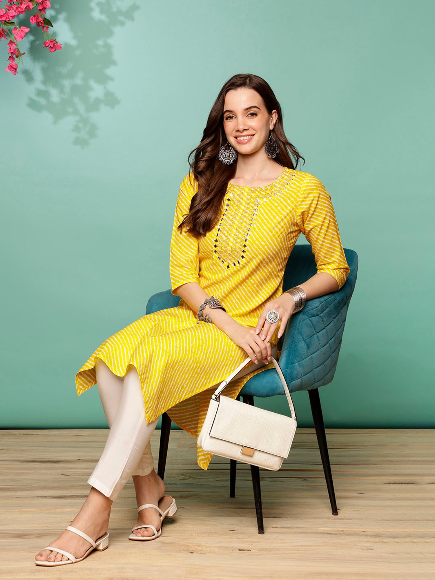 Rangita Yellow & White Cotton Striped Kurta Pant Set