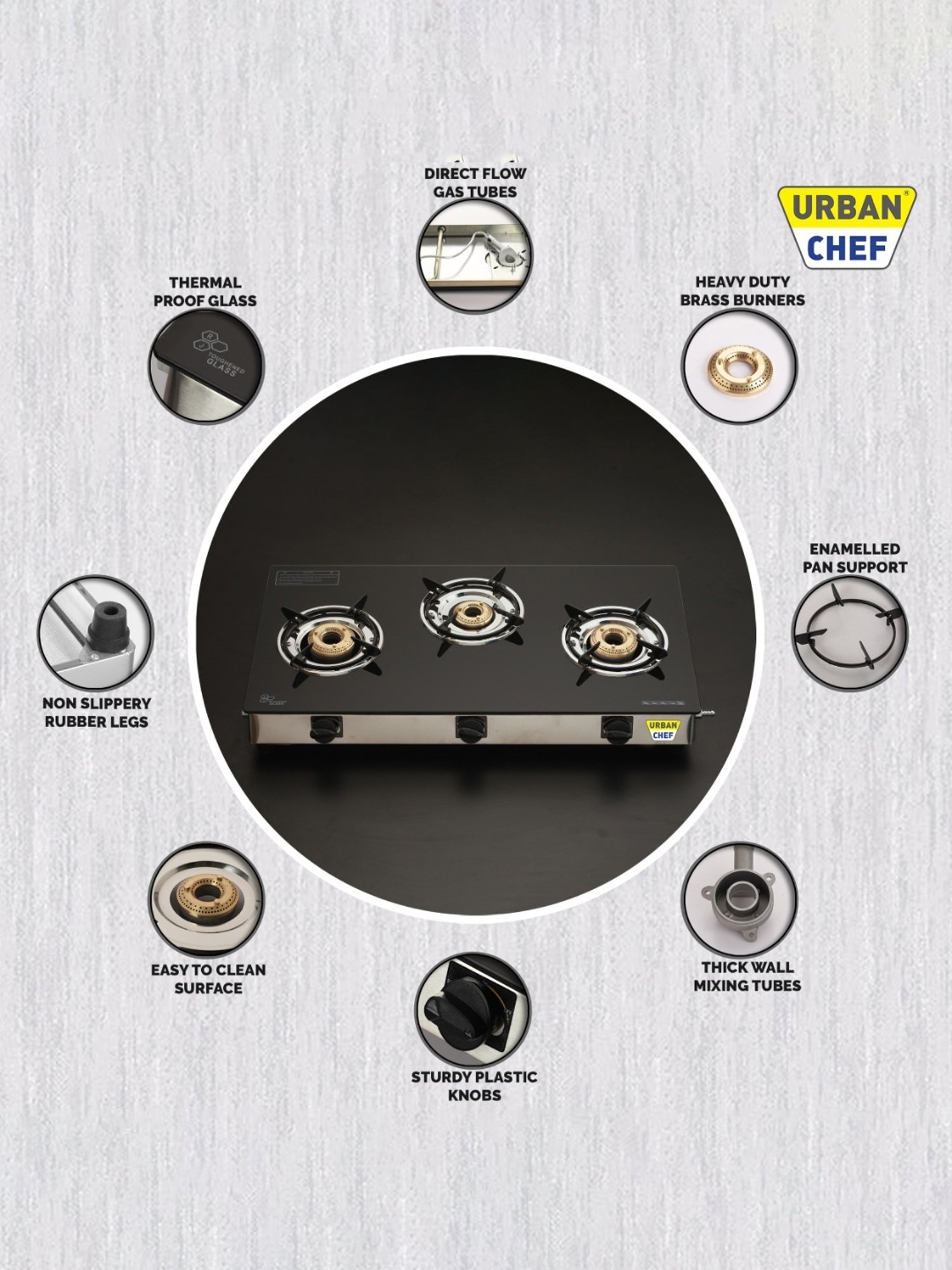 Urban Chef Gas Stove with 3 Burners ( Black )