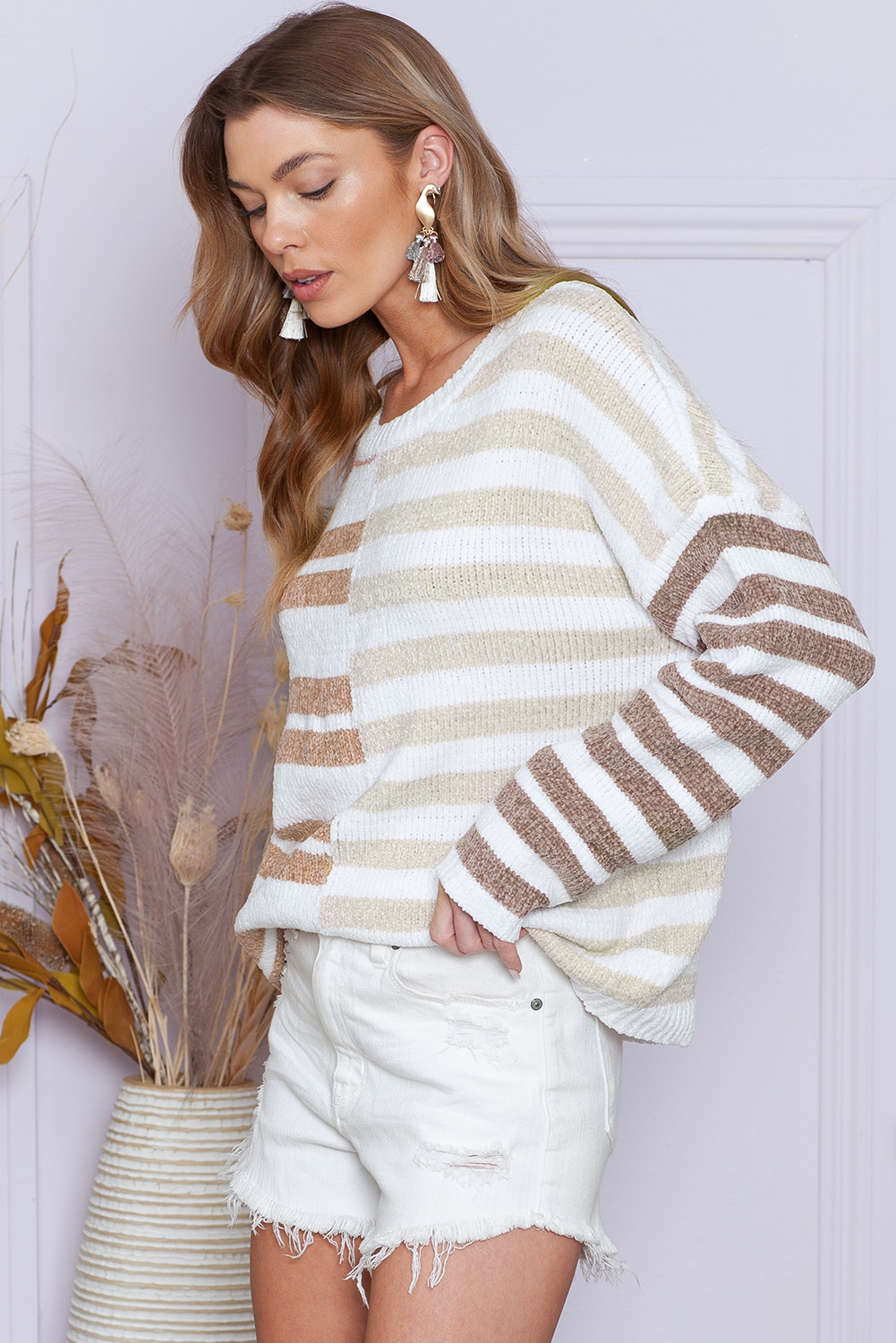 Yellow Drop Shoulder Henley Pullover Sweater With Slits