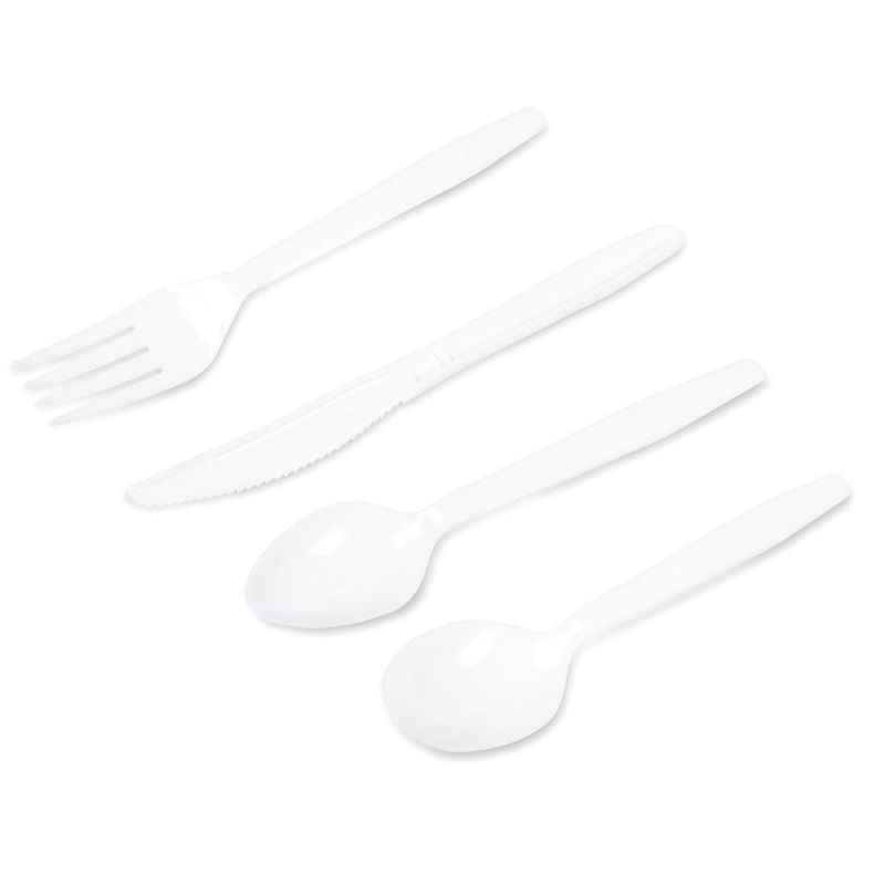 Juvale 144-Count Heavy Duty Plastic Disposable Cutlery Set: Forks, Tea Spoons, Soup Spoons, Knives Box Set, Ideal for Parties, Picnics, BBQ, White