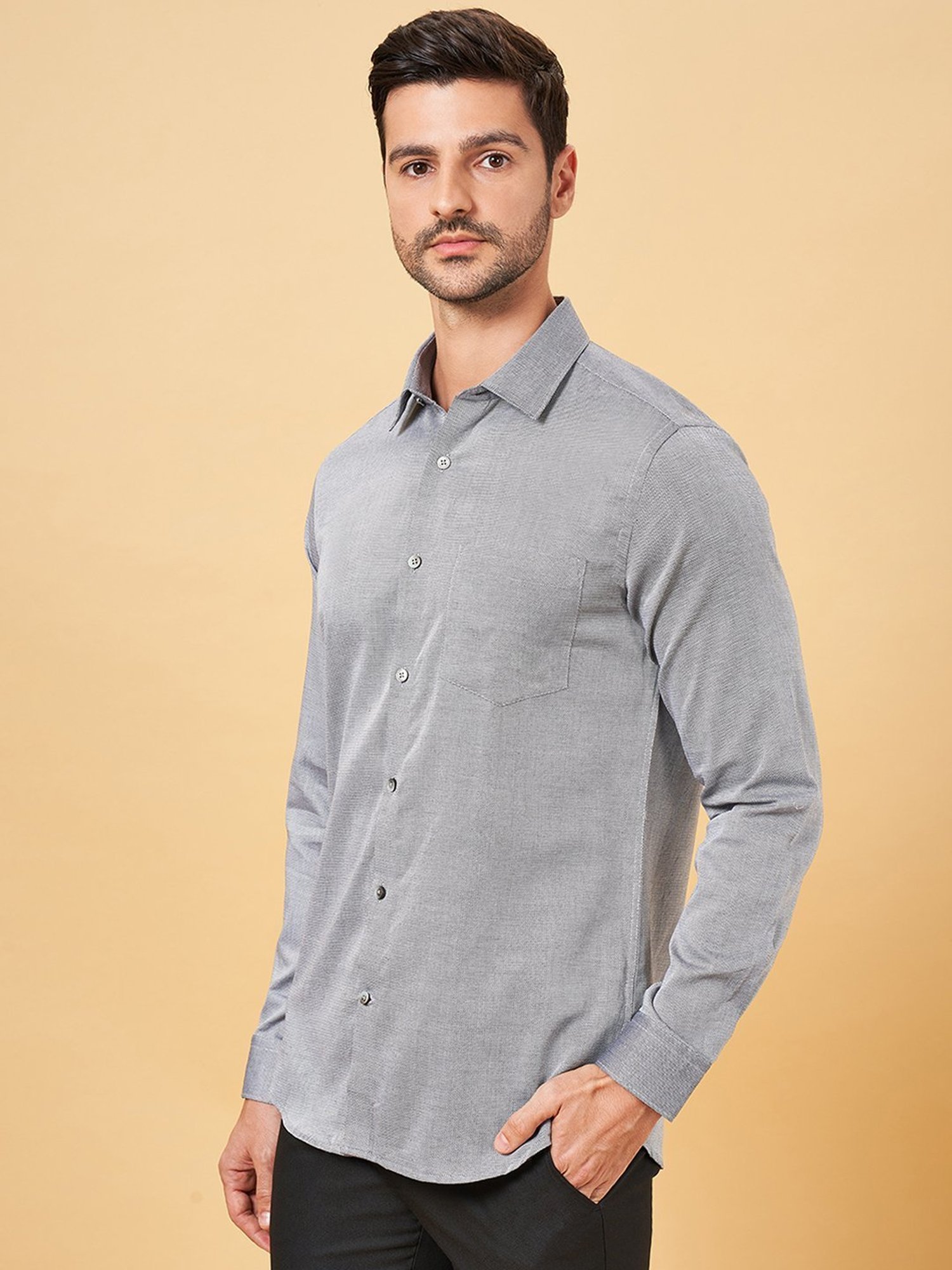 Peregrine by Pantaloons Light Grey Cotton Slim Fit Texture Shirt