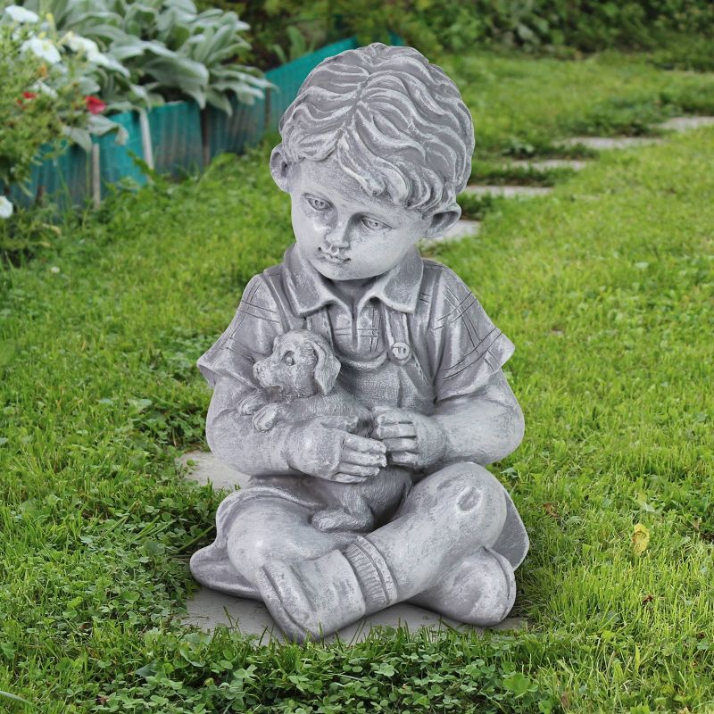 10.24" Resin Boy with Puppy Statue Gray - Exhart