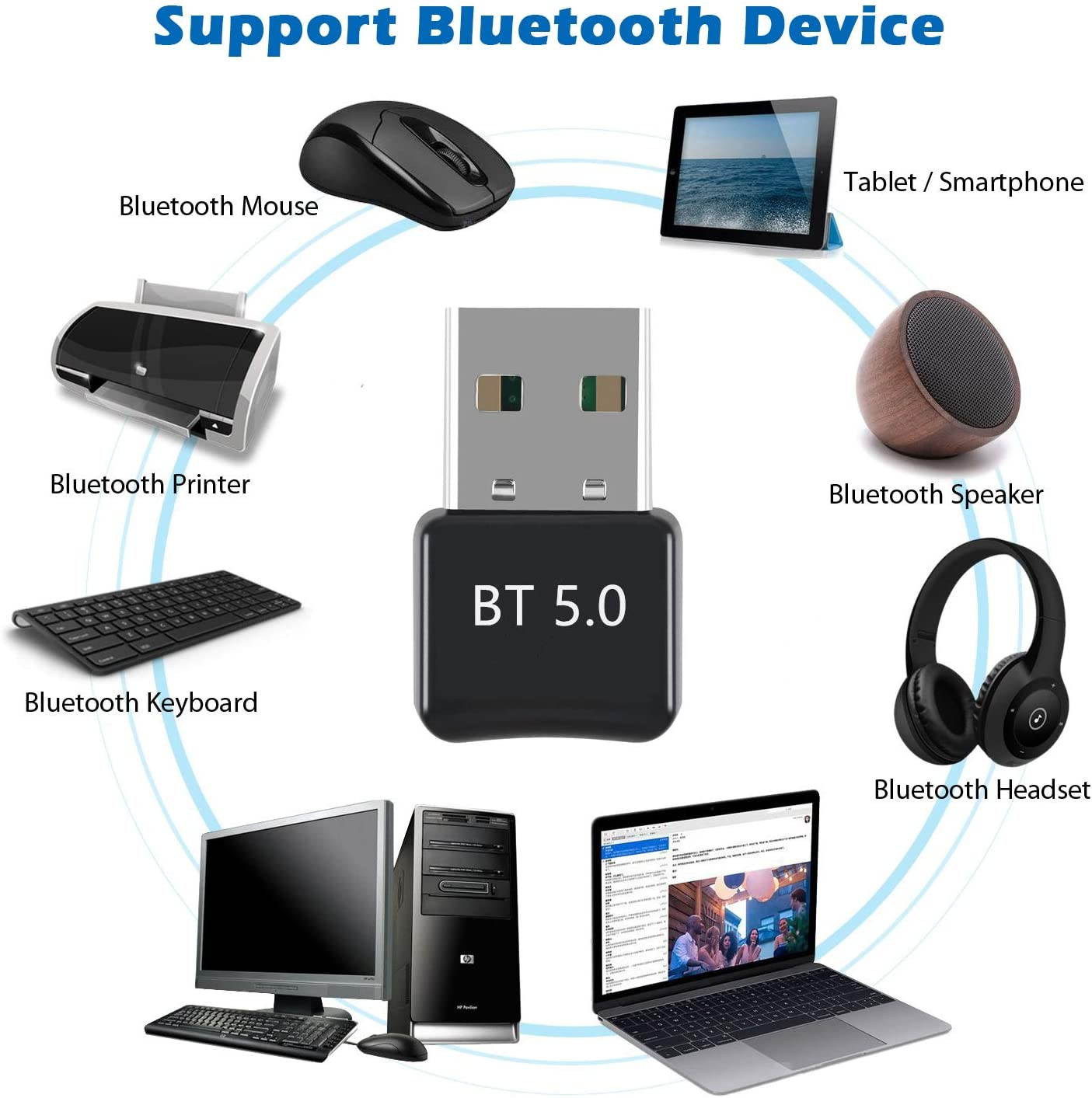 USB Bluetooth 5.0 Adapter for PC Win10/8.1/8/7/XP/Vista, Bluetooth Dongle Receiver/Transmitter Support Multiple Device Connections: Headset, Mouse, Keyboard, Printer, Speaker