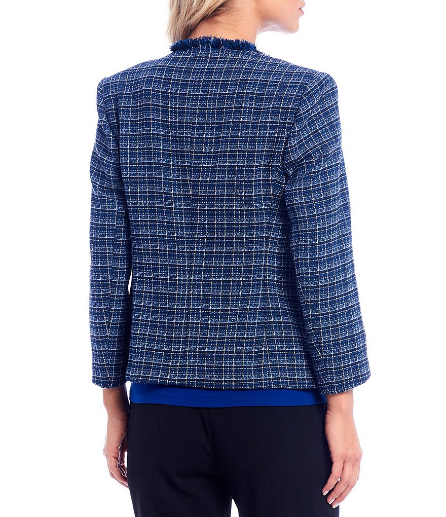 Kasper Tweed Long Sleeve Open Front Fringe Jacket