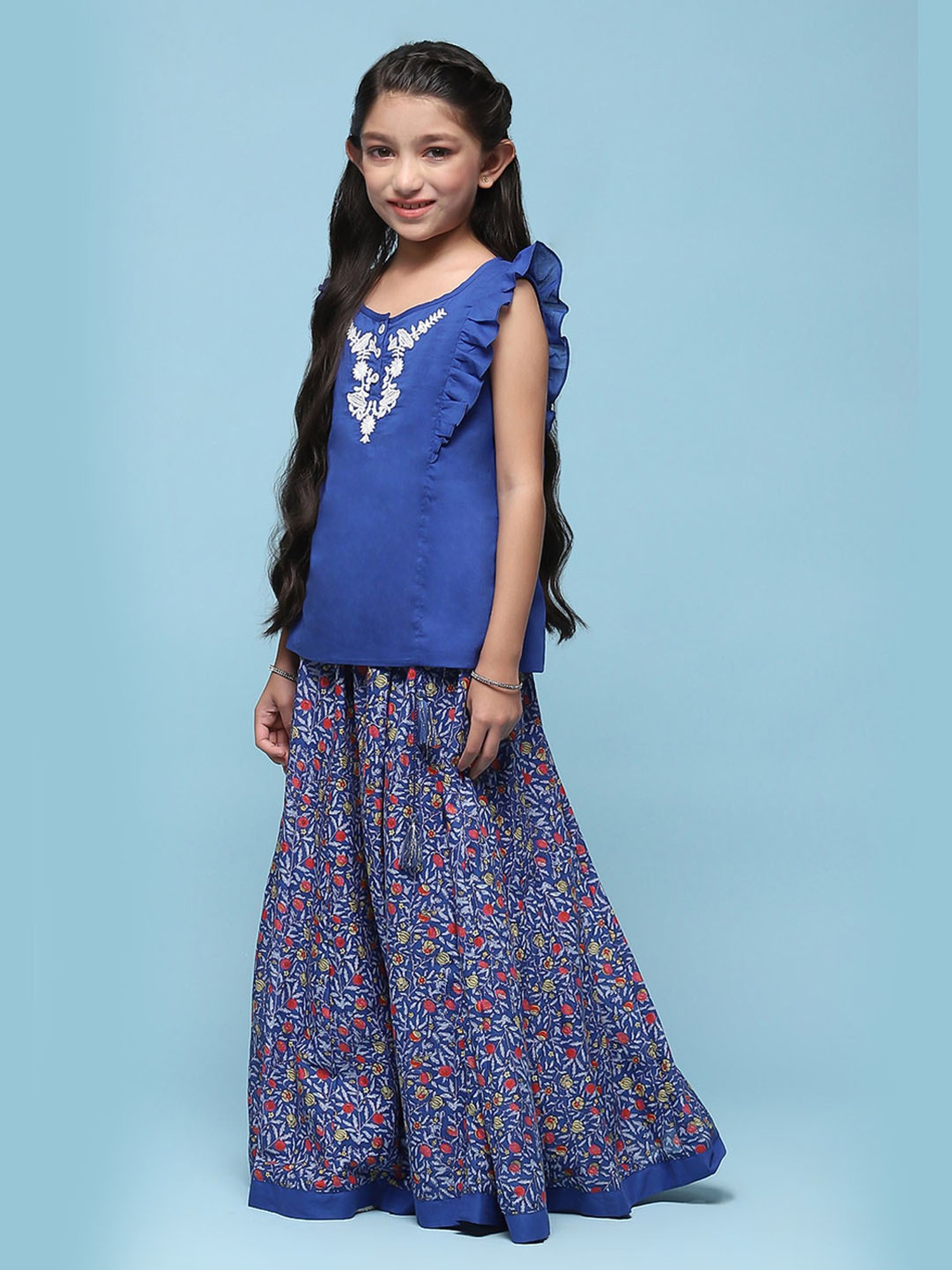 Biba Girls Blue Cotton Embroidered Casual Top and Tees