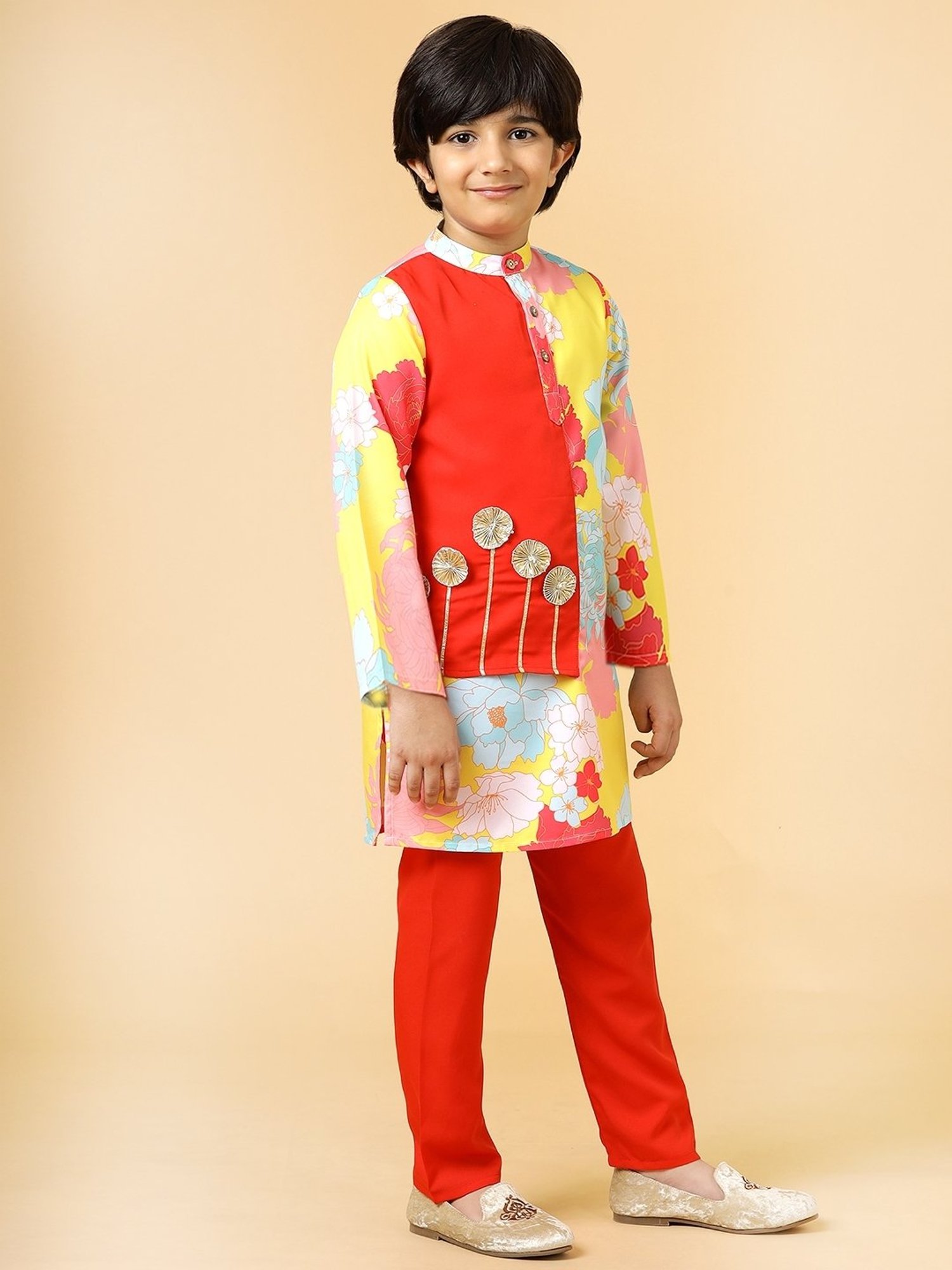 VASTRAMAY Boys Yellow & White Cotton Printed Full Sleeves Kurta Sets