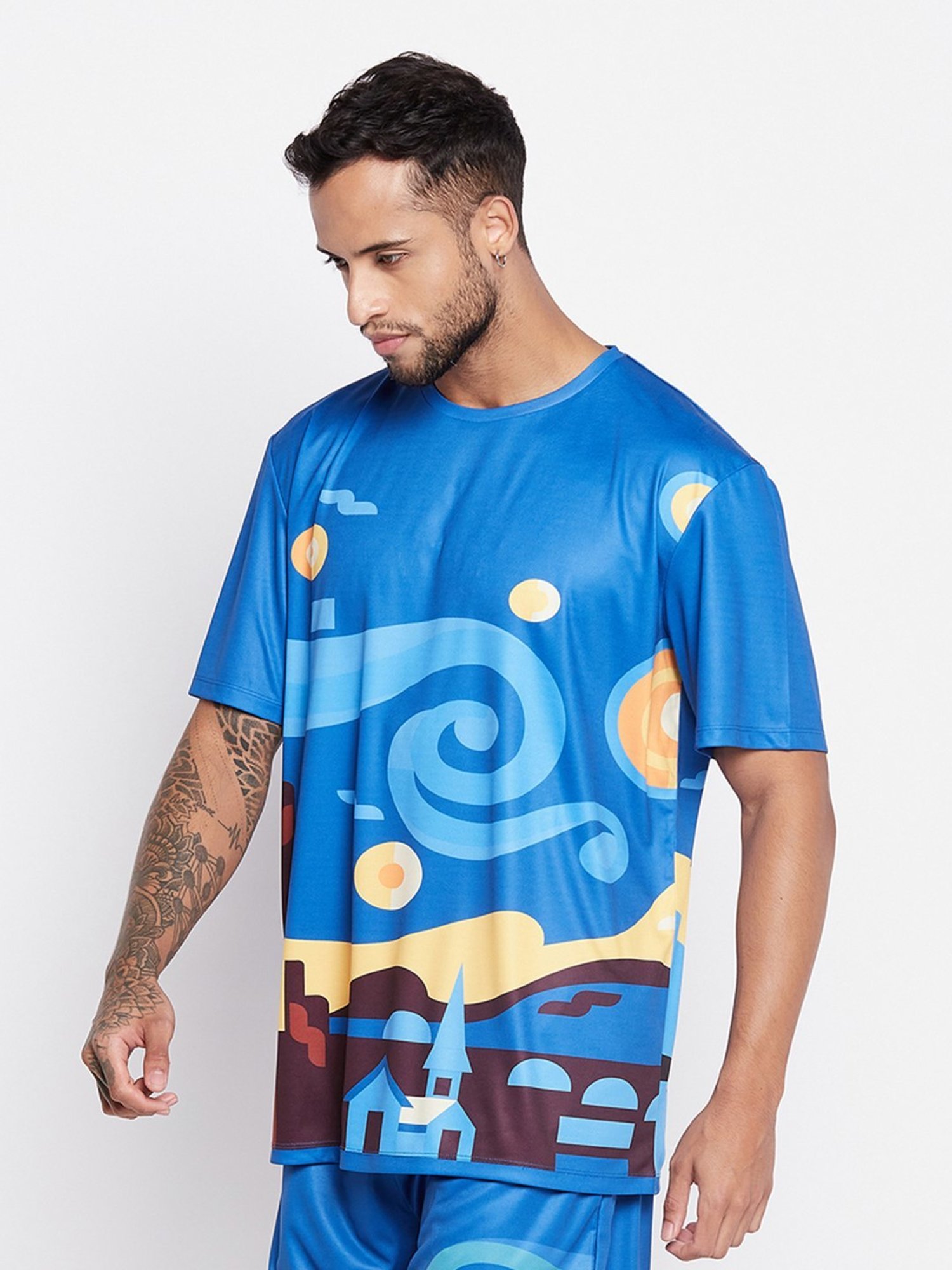 Edrio Blue Cotton Relaxed Fit Printed T-Shirt