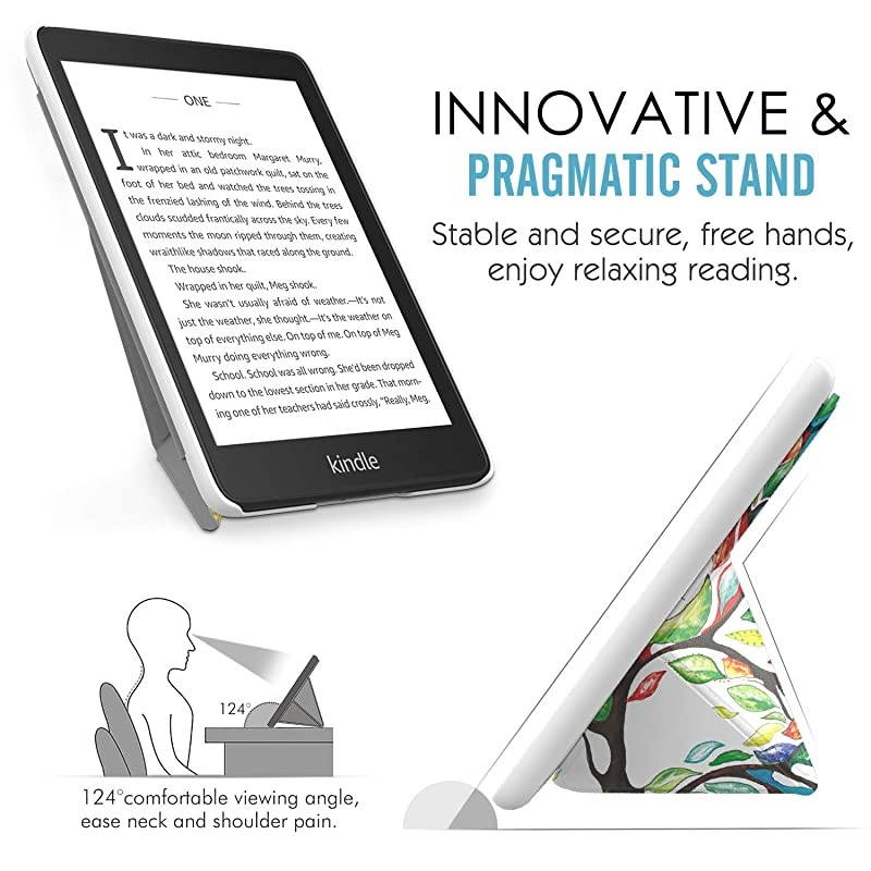 Case Compatible with K i n d l e Paper w h i t e (10th Generation, 2018 Releases), Standing Origami Slim Case Cover with Auto Wake/Sleep Fits K i n d l e Paper w h i t e E-Reader - Lucky Tree