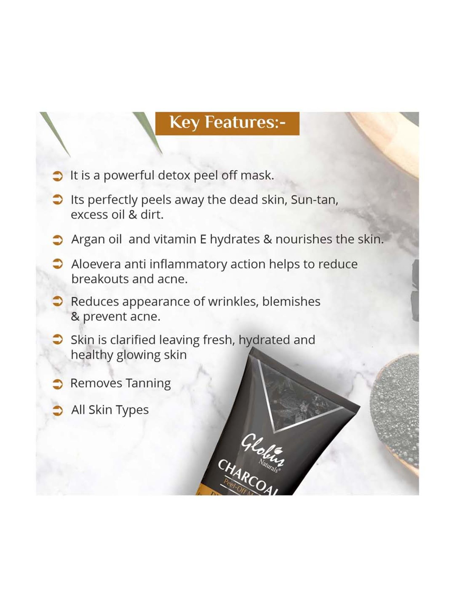 Globus Naturals Charcoal Peel Off Mask Enriched with Vitamin-e & Argan Oil - 100 gm